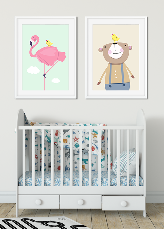 Kinderzimmer Bilder Flamingo in mint und Bär