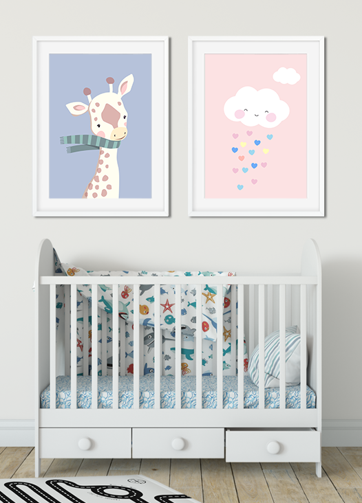 Kinderzimmer Bilder Giraffe mit Schal und rosa Wolke