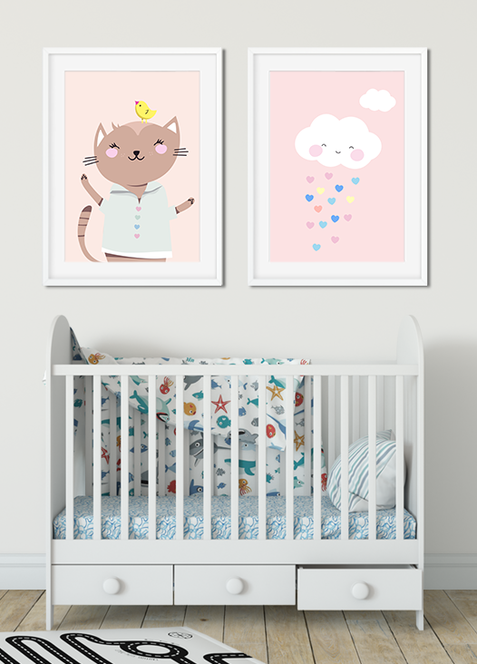 Kinderzimmer Bilder Katze und rosa Wolke