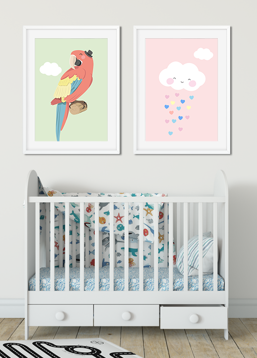 Kinderzimmer Bilder Papagei und rosa Wolke