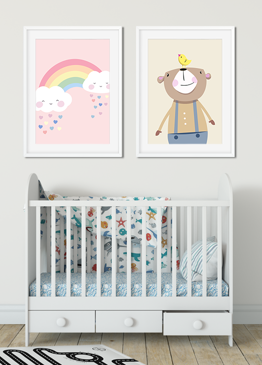Kinderzimmer Bilder rosa Regenbogen und Braunbär