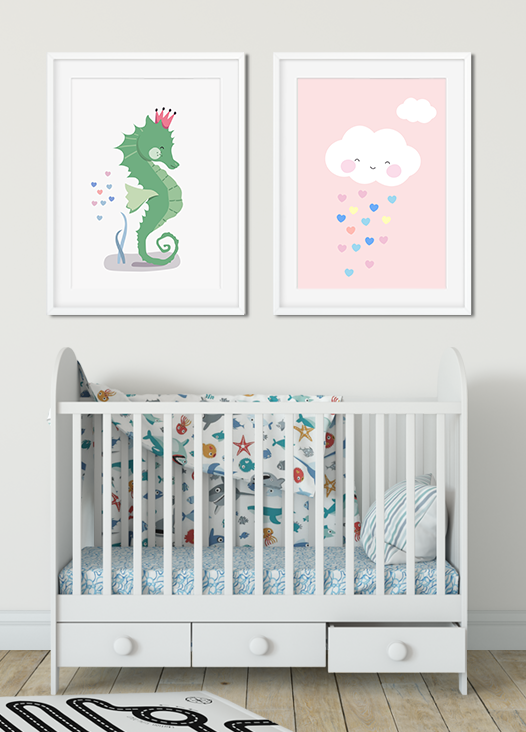 Kinderzimmer Bilder Seepferdchen und Wolke rosa