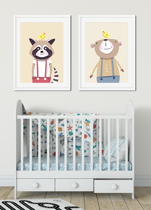 Kinderzimmer Bilder Waschbär und Elefant